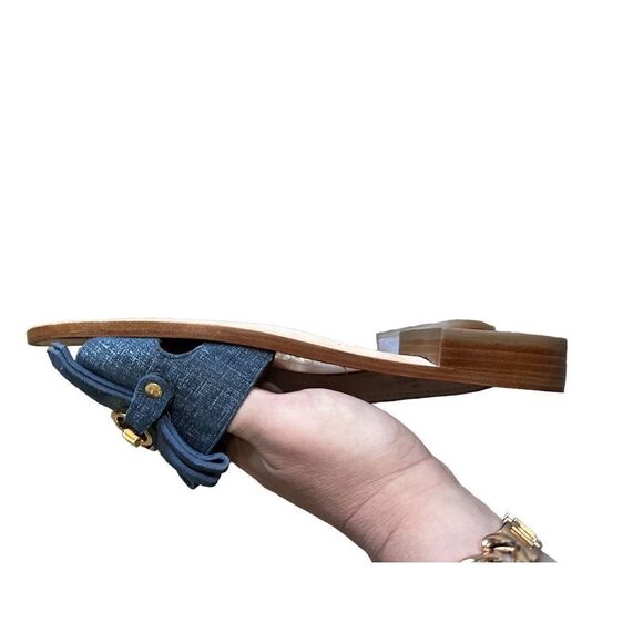 Kate Spade Kiltie Denim Leather Slide Sandals Gold Rings - Picture 5 of 10